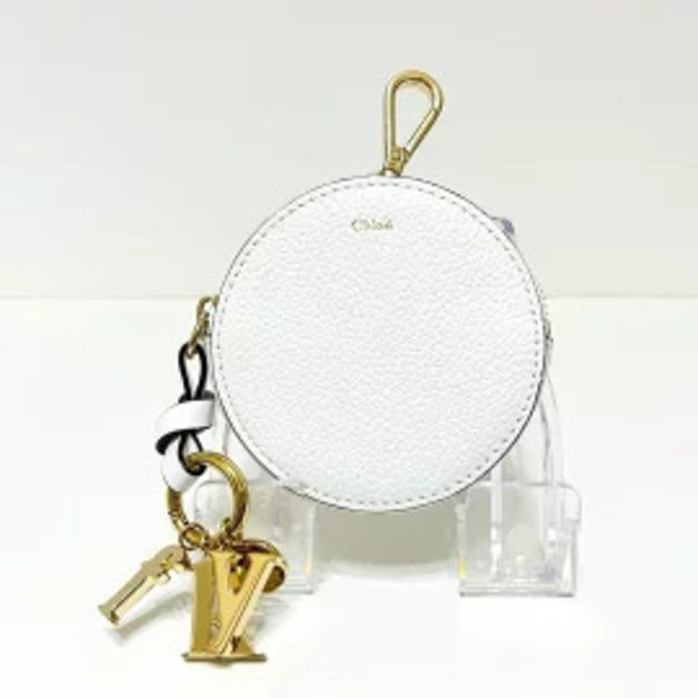 Chloe Alphabet Round Purse coin case Wallet White x Gold Leather